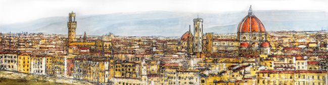 Firenze Sunrise contemporary fresco painting on wood. Landscape of the city from the Michelangelo's Piazzale. Contemporary art. Abstract view. Impresionism