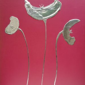silver poppies on red artwork