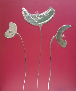 silver poppies on red artwork