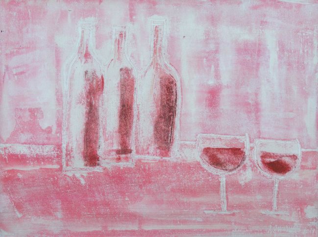 bottles and wine glasses in pink